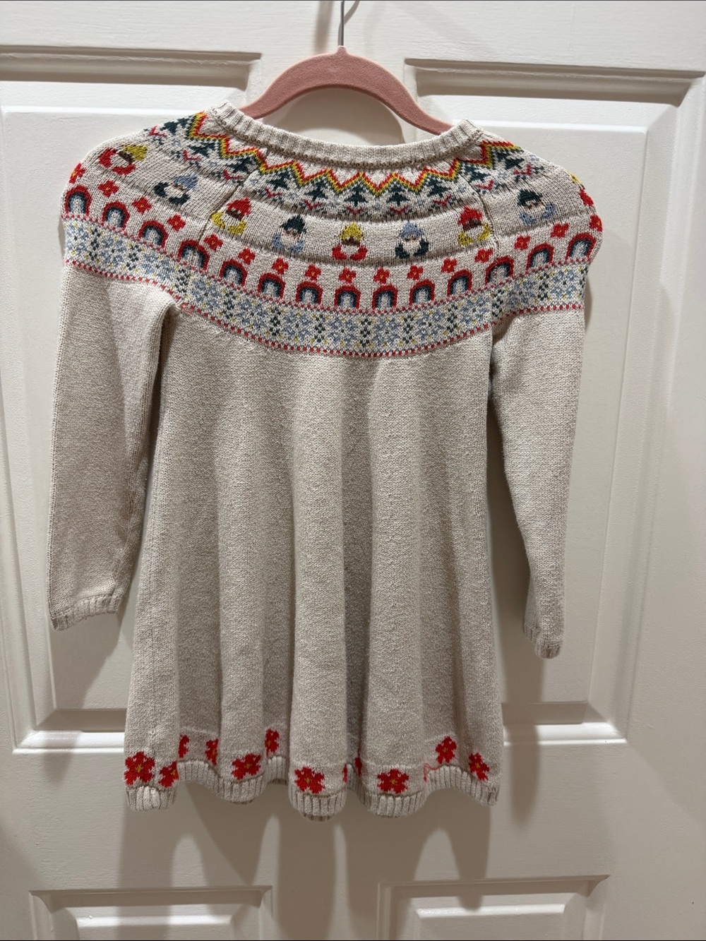 Hanna Andersson Cream Knit Dress with Red Floral Hem and Multicolor Yoke